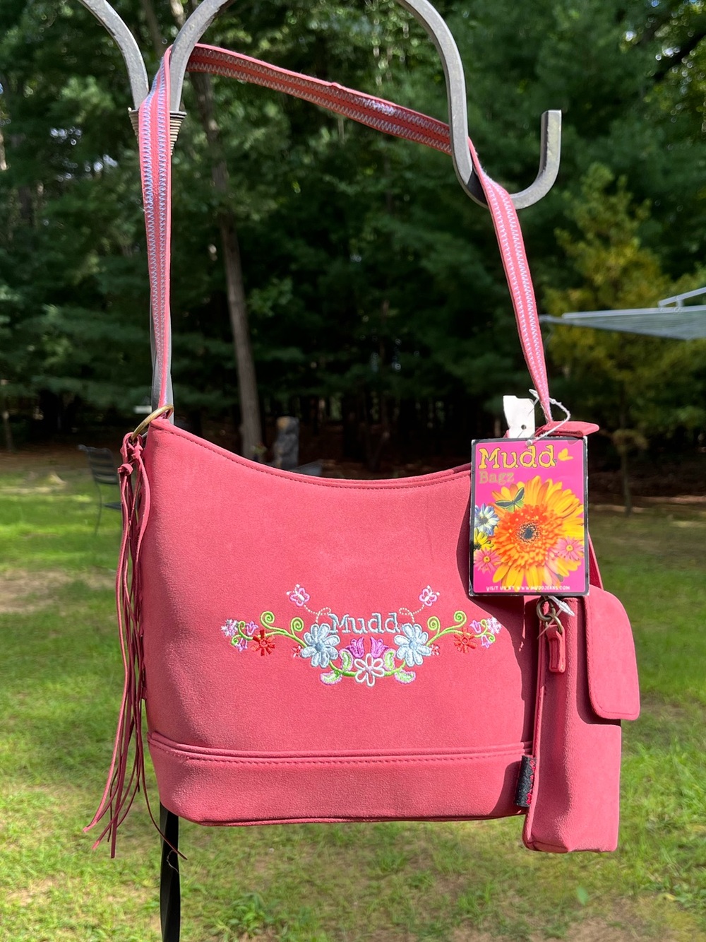 90s Mudd Bagz NWT Boho Floral Embroidered Faux Suede Shoulder Bag Fringe Pink